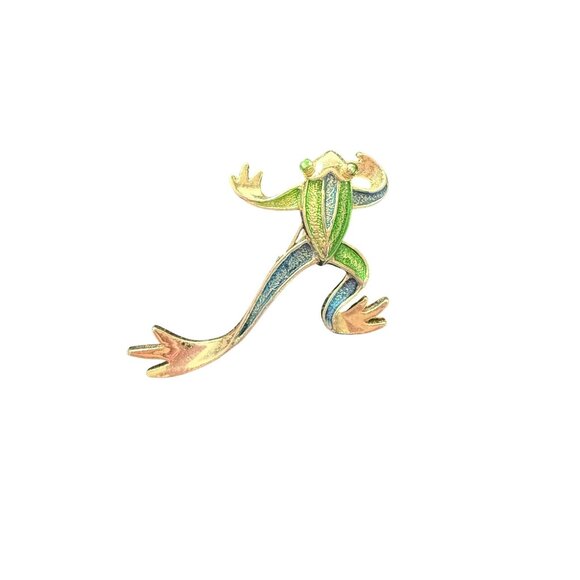 Vintage Gerrys Enamel Frog Brooch Pin Green & Blue Gold-Tone 3D Design - Picture 1 of 5
